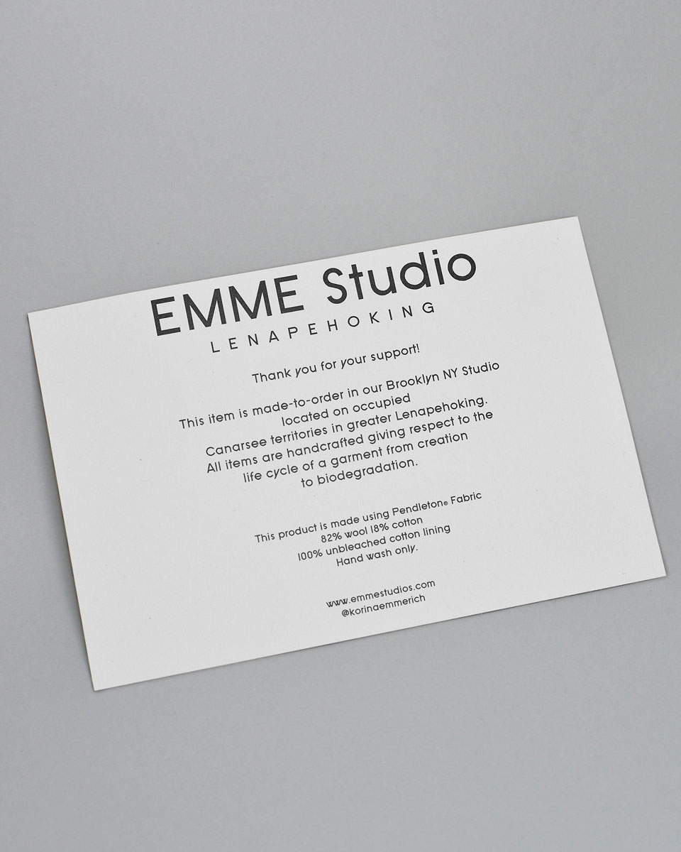 Emme Studio thank you card that says the mask is made-to-order- in Brookyln NY using Pendleton Fabric. 