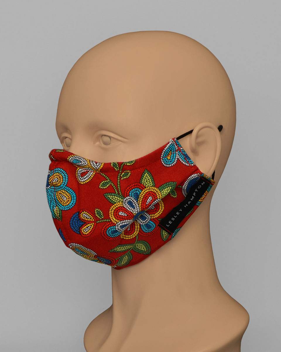 Side view of the red floral face mask