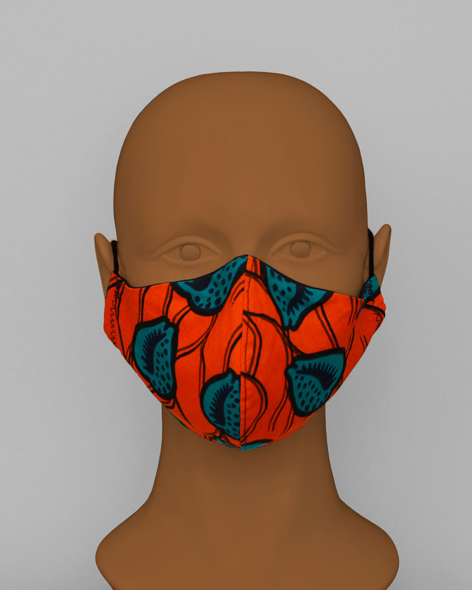 Mannequin head wearing a orange face mask with a blue and black abstract pattern
