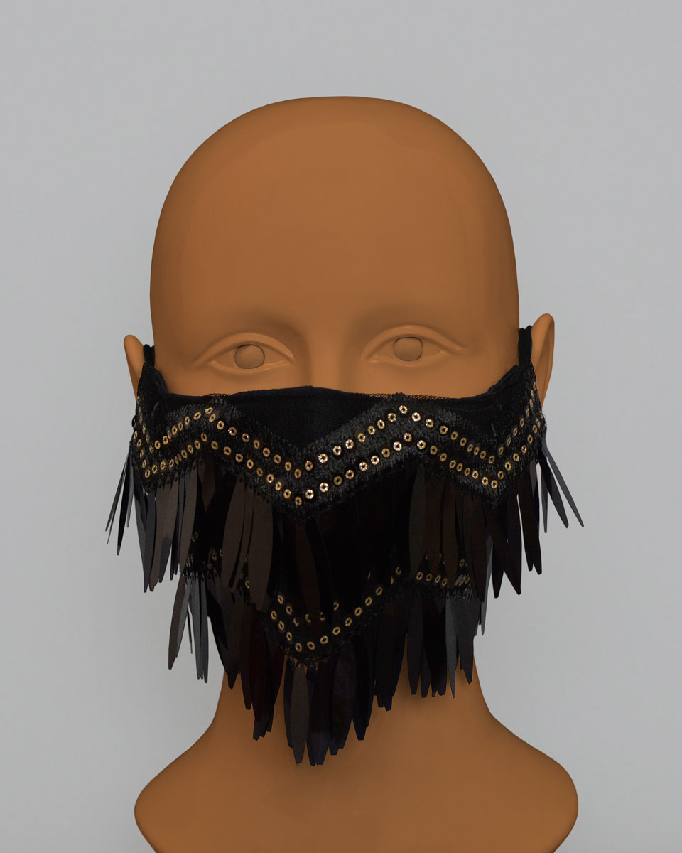 Mannequin head wearing a black sequin fringe face mask