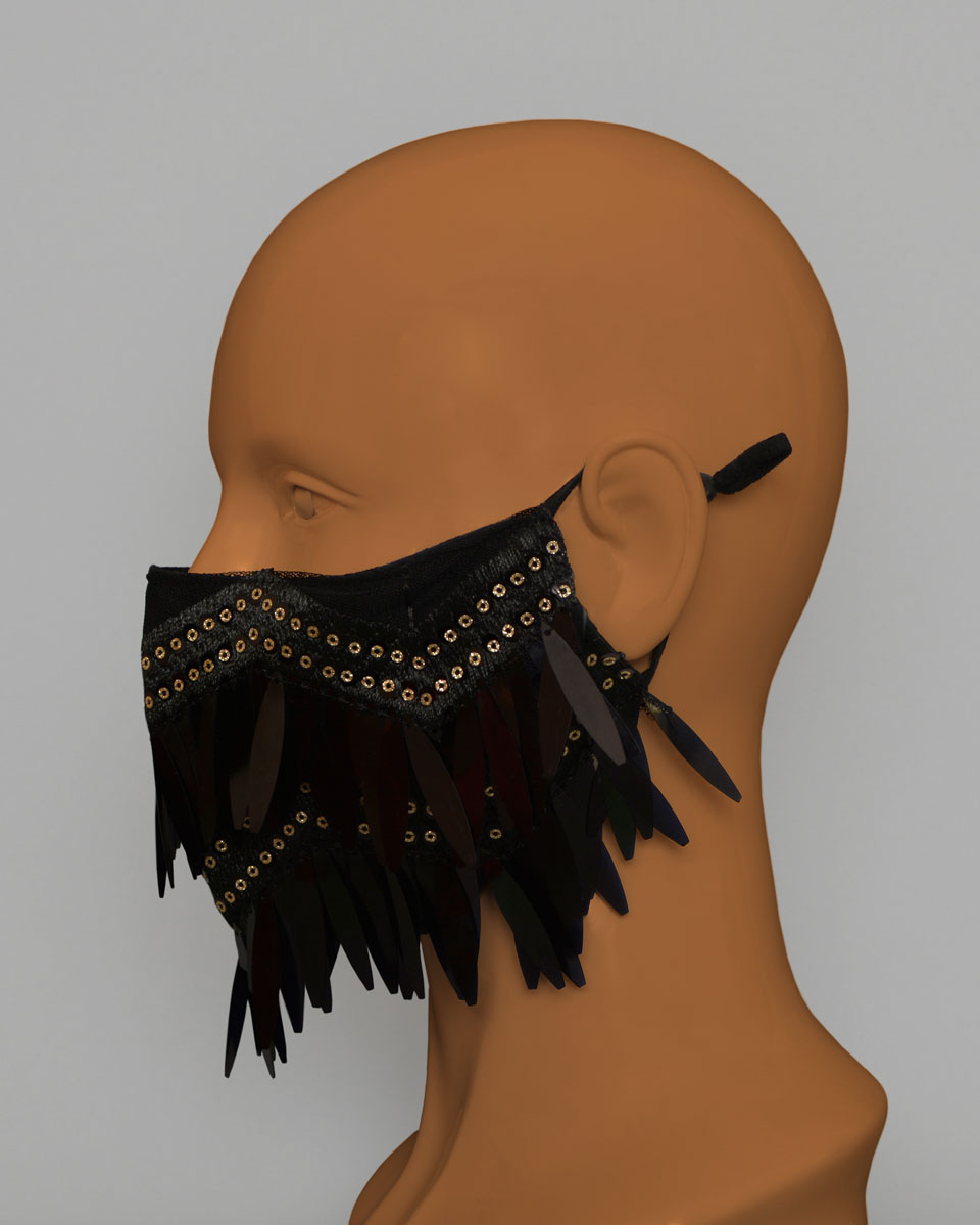 Side view of a mannequin head wearing a black sequin fringe face mask