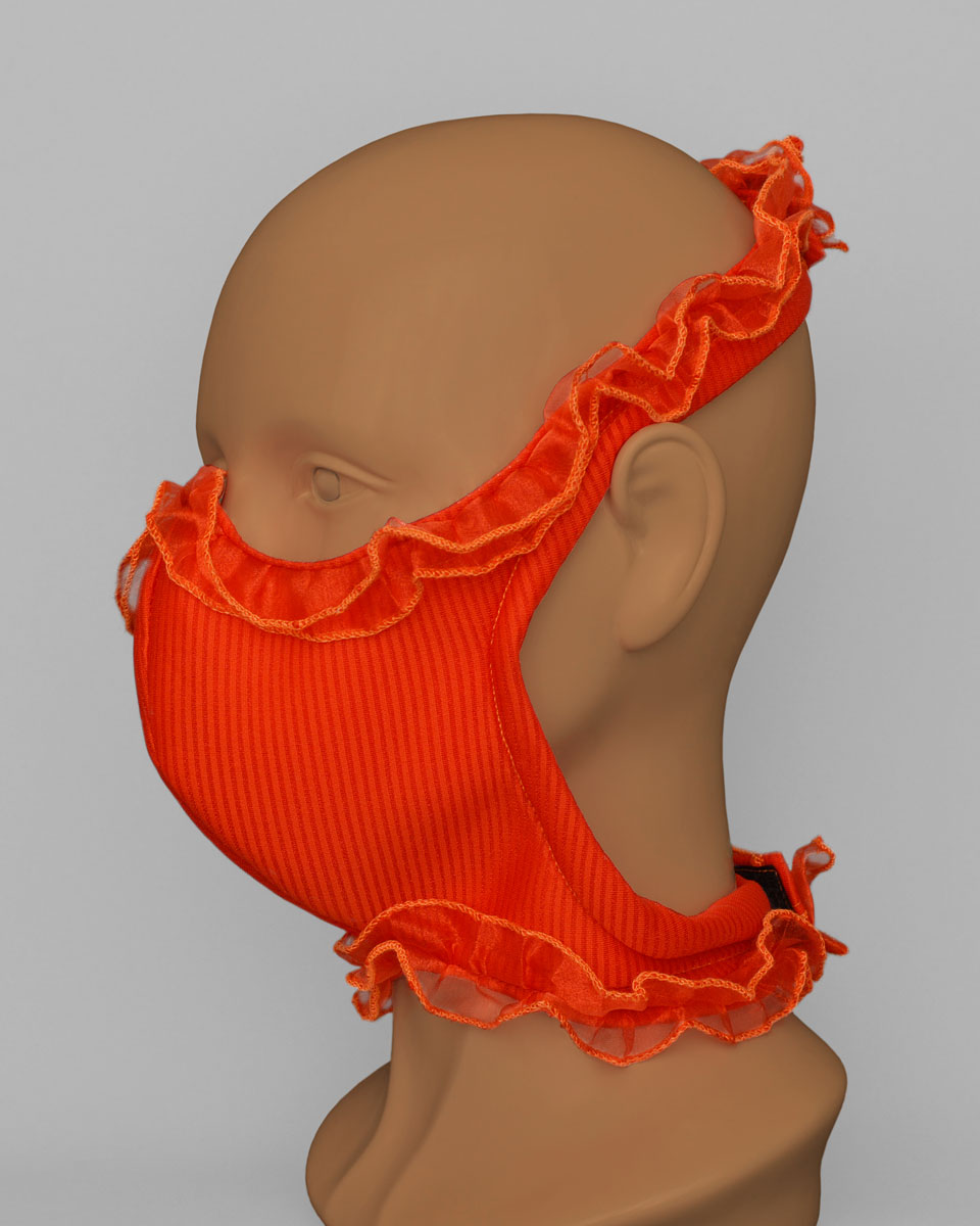 Side view of a mannequin head wearing an orange face mask with an orange ruffle trim