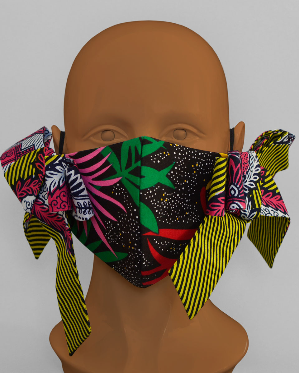 Front view of the colourful bowtie face mask