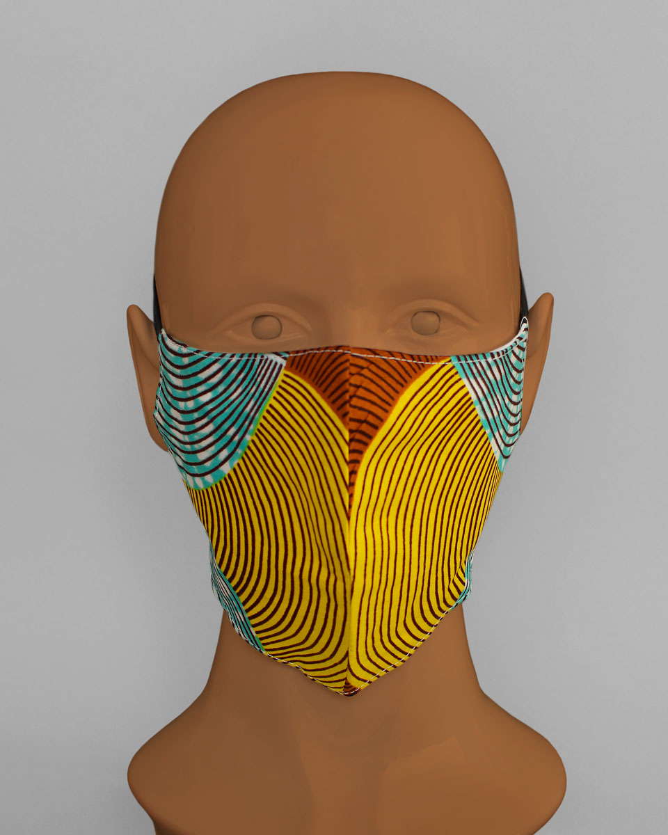 Face mask with circular designs in brown, yellow and blue