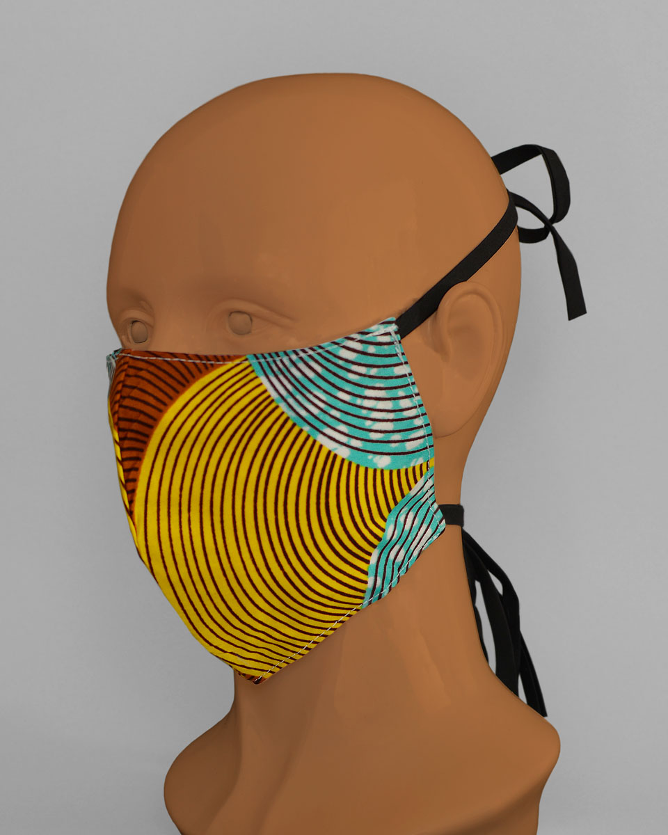Side view of the colourful face mask with black ties 
