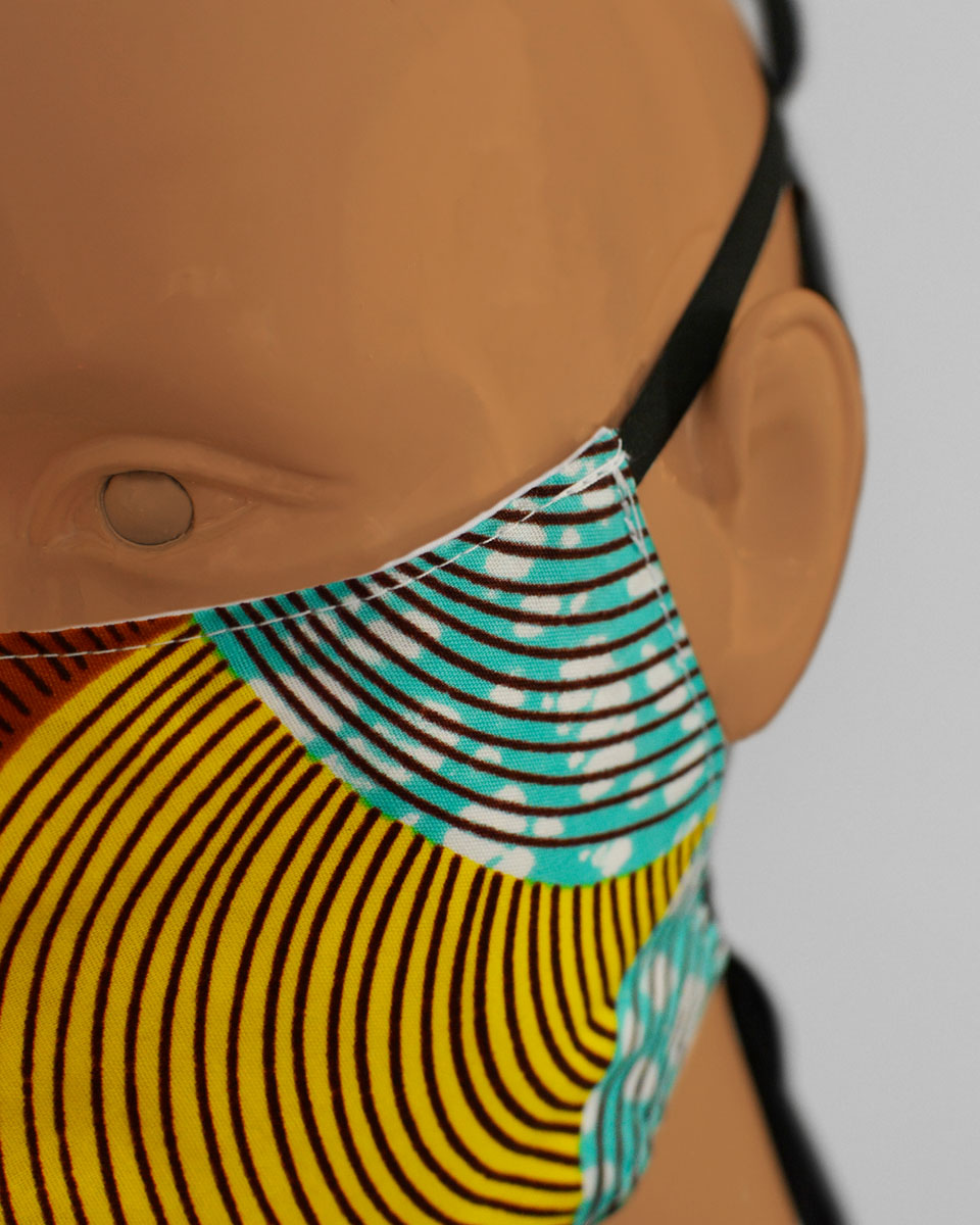 Close up of the patterned fabric and black head ties