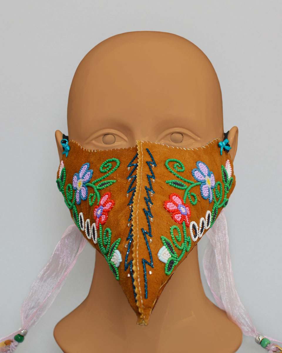 Leather plague doctor mask with beaded floral designs