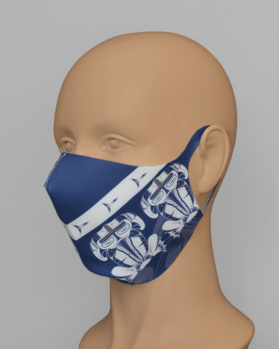 Side view of a mannequin head wearing a blue face mask with a white frog print