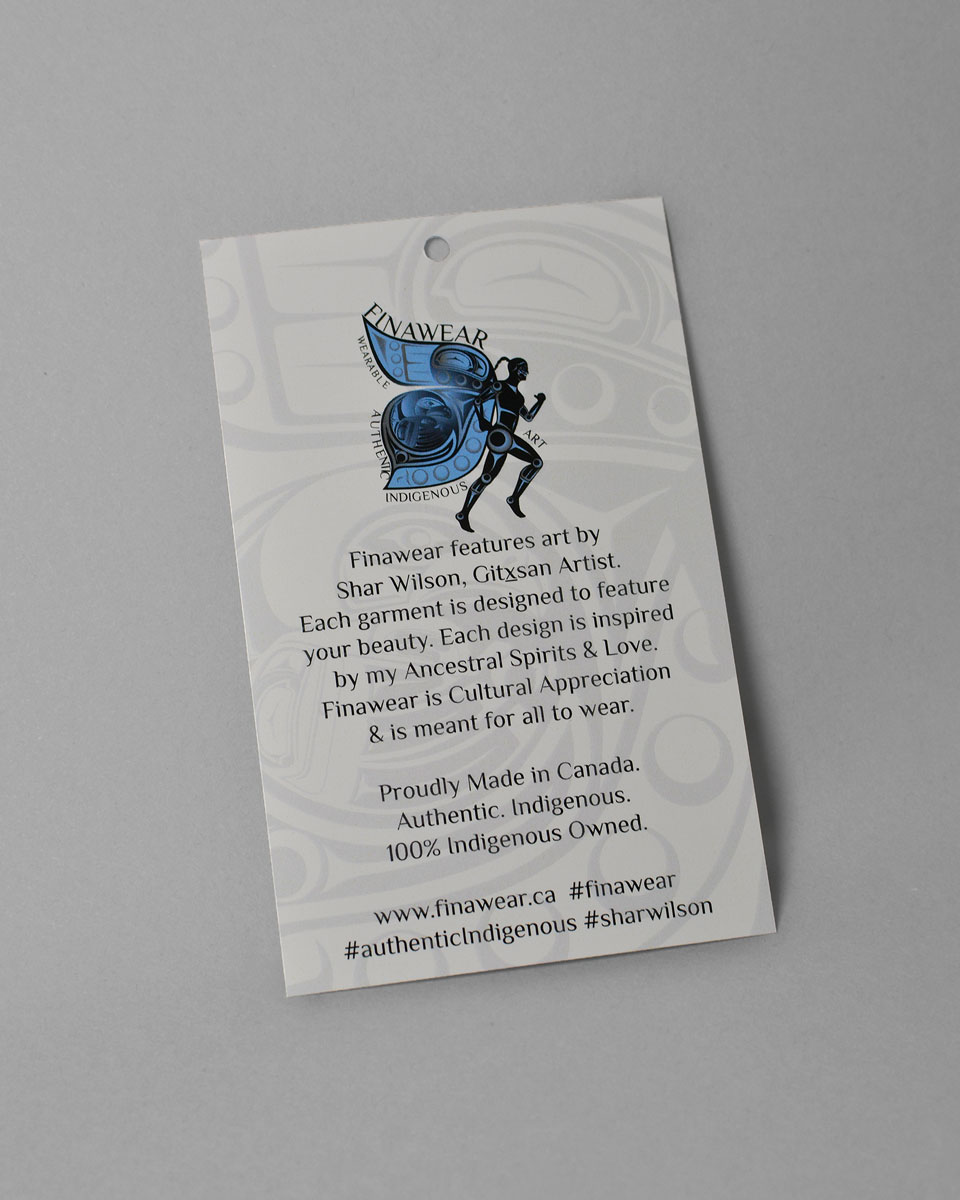 Tag from Finawear mask which includes information about the brand and products