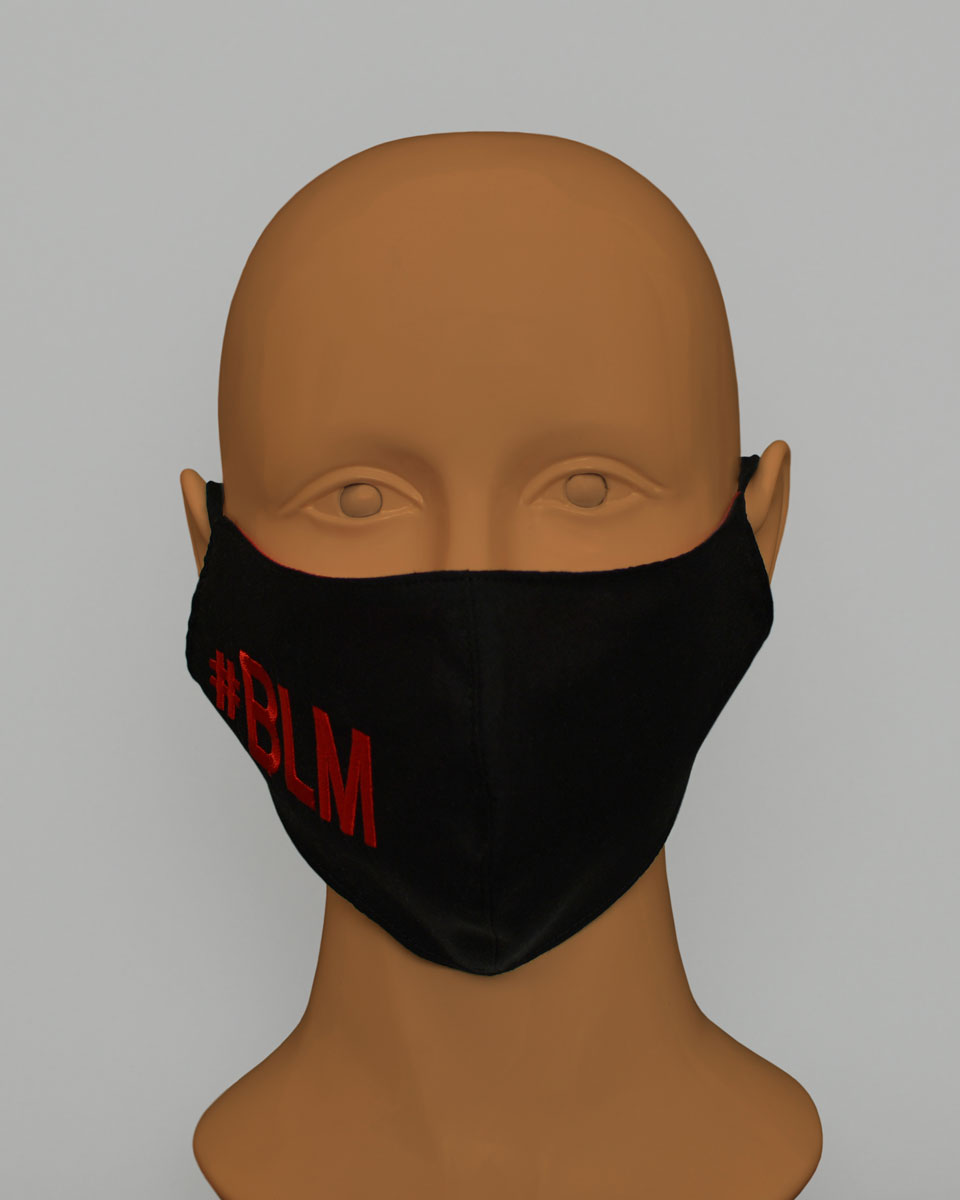 Mannequin head wearing. black face mask with #BLM embroidered in red.