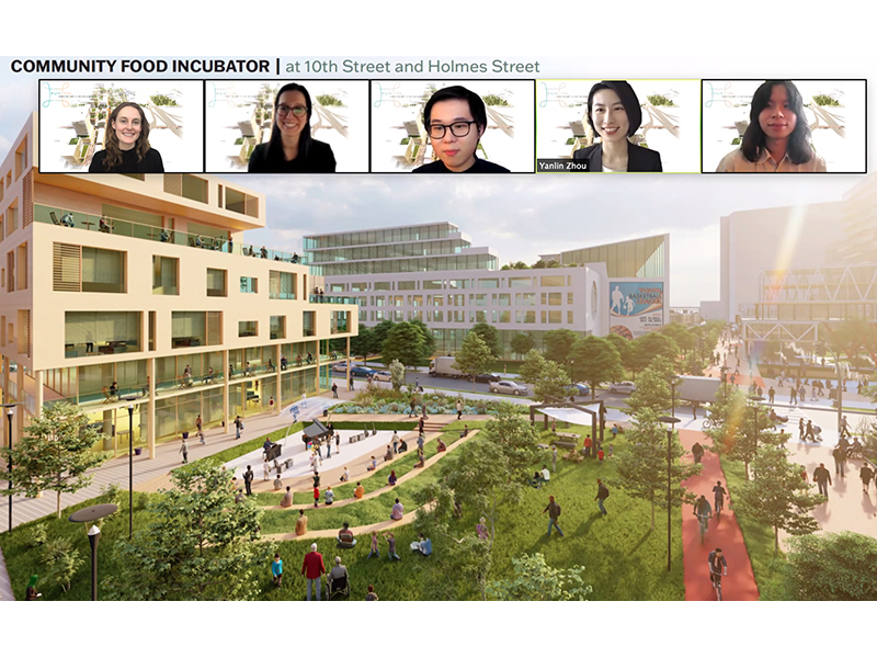 Frances Grout-Brown, Leorah Klein, Routian Tan, Yanlin Zhou and Chenyi Xu won the 2021 ULI Hines Student Competition. They are seen here presenting their “Fusion” based design proposal on Zoom.