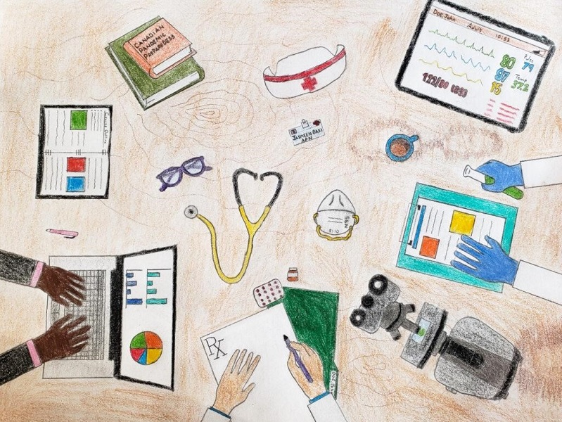 Illustration of  nursing tools and hands working. 