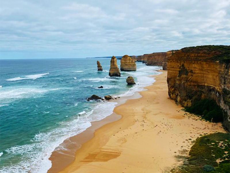 Overlooking a shoreline with cliffs and rock features