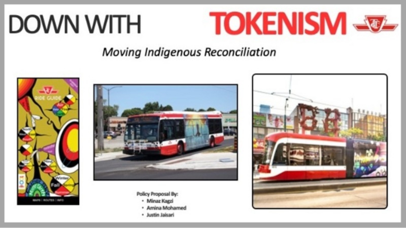 Prestation slide on "Down With Tokenism", with three images of TTC streetcare, bus and Ride Guild featuring Indigenous art.