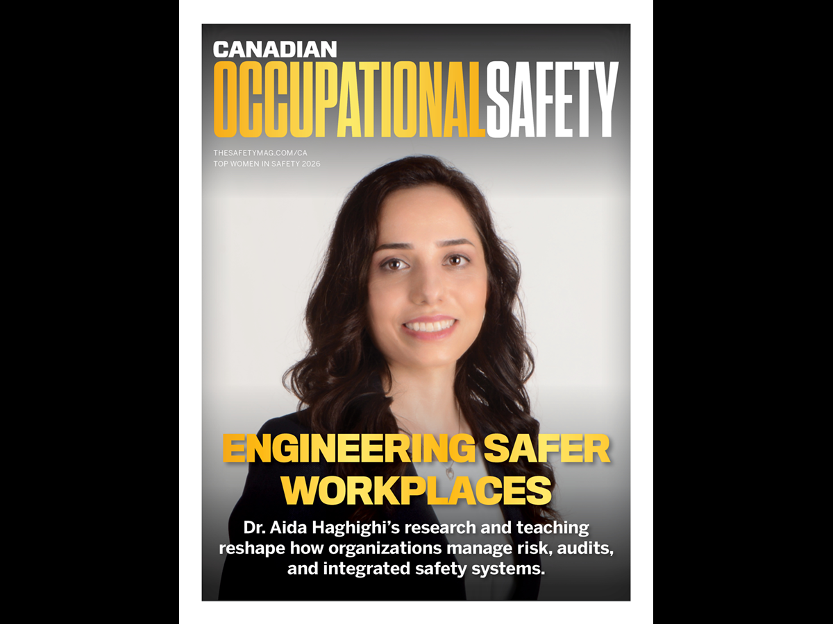 Aida Haghighi on the cover of Canadian Occupational Safety magazine. Title text says "Engineering Safer Workplaces"