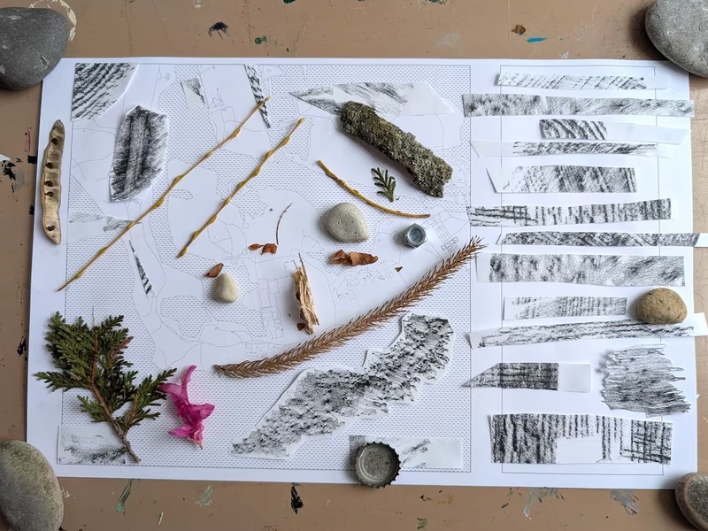 A graphic score, with small pine branch, stones, plant seed, bottlecap and charcoal designs on a white canvas.