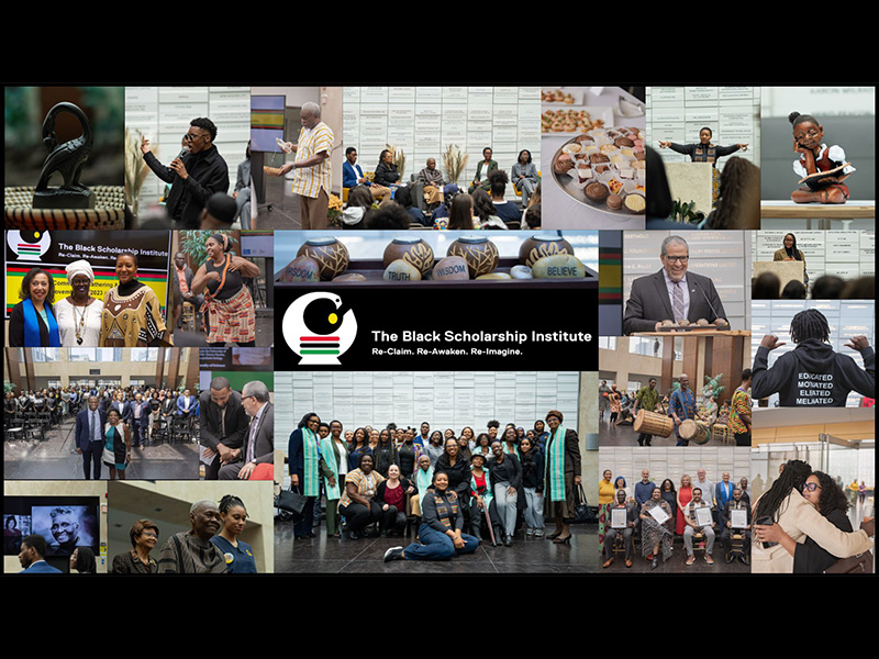 A collage of event photos, artworks and symbols from The Black Scholarship Institute