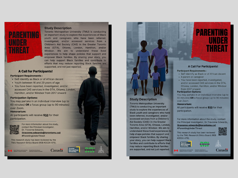 Two research posters, picturing Black families and describing the study and a call for participants