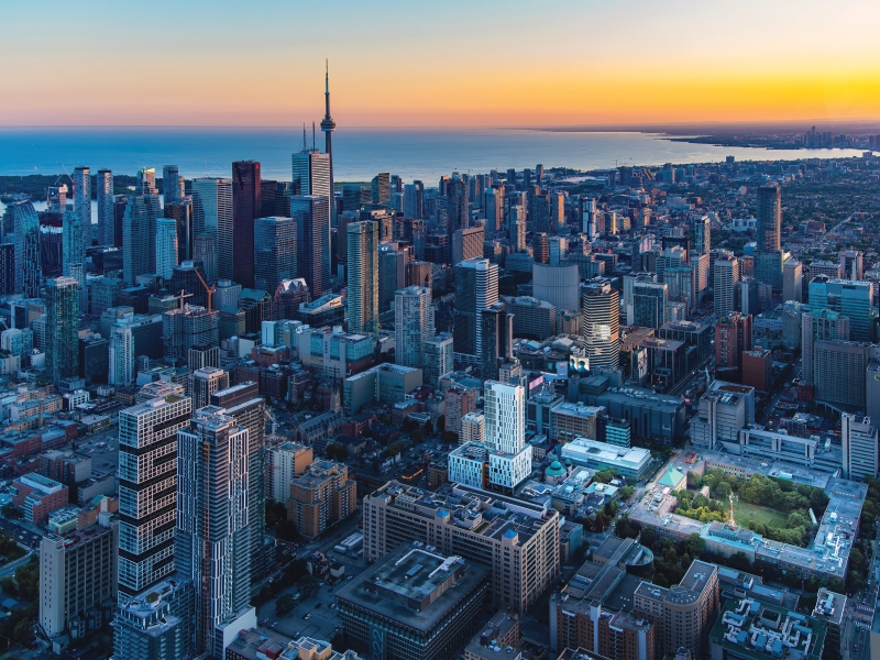 Toronto skyline at sunset with TMU campus in foreground