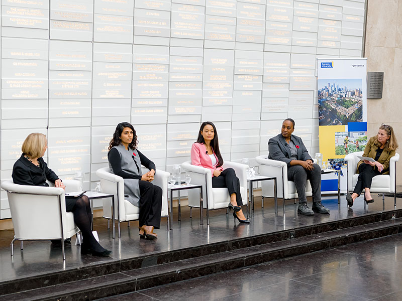 From left: Peggy Nash, distinguished visiting professor, FA and FCS; Sara Singh, MPP, Brampton Centre riding; Bhutila Karpoche, MPP, Parkdale-High Park riding; Jill Andrew, MPP Toronto, St. Paul’s riding; Jennifer Wells, Star Business Columnist. Photo: Clifton Li 