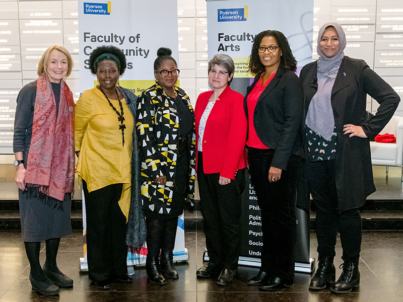 From left: Peggy Nash, distinguished visiting professor, FA and FCS; Debbie Douglas, executive director, Ontario Council of Agencies Serving Immigrants; Notisha Massaquoi, executive director, Women’s Health in Women’s Hands Community Health Centre; Lisa Barnoff, dean, FCS; Paulette Senior, CEO and president, Canadian Women’s Foundation; Ausma Malik, trustee, Toronto District School Board Ward 10
