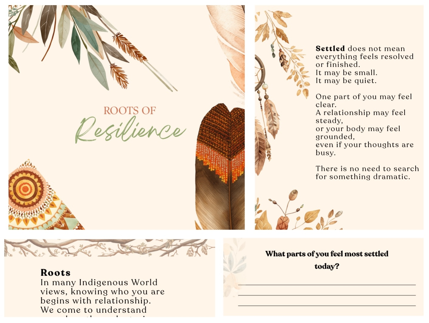 Four-panel collage showing sample pages from the Roots of Resilience journal with text and images inspired by Indigenous culture and teachings.