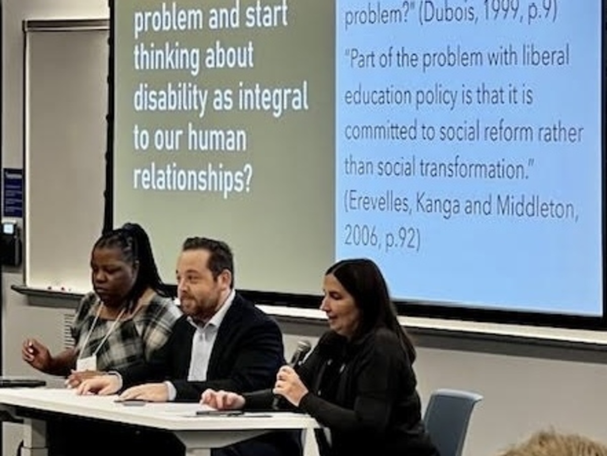 Two female and one male panellist speak at the Enhancing Equity in Ontario Elementary Education Symposium