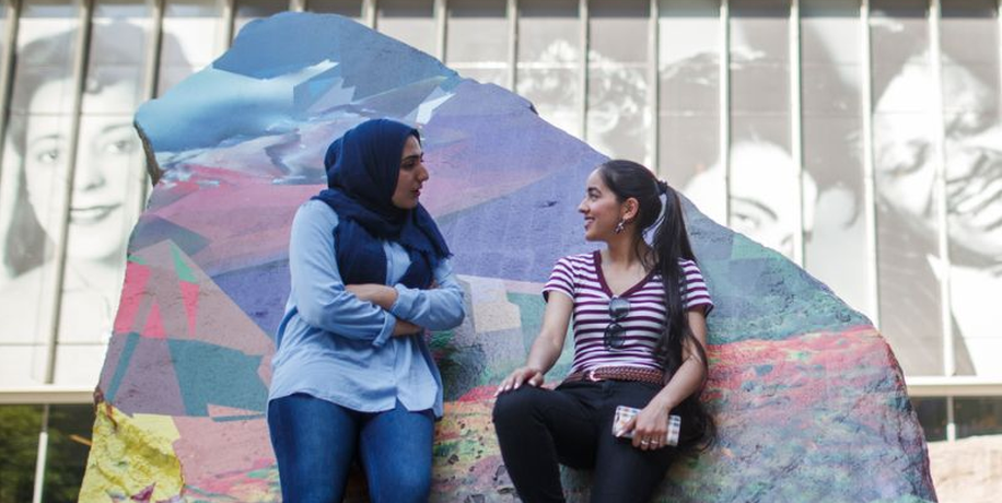 Two students converse in front of a painted boulder by The Image Centre.