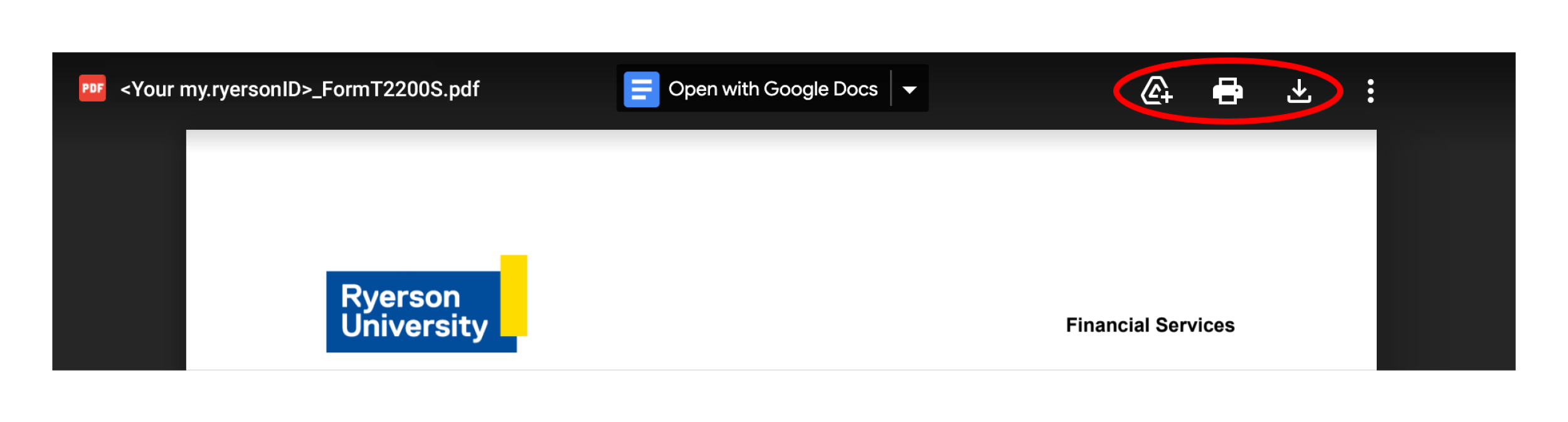 Screenshot of the add a shortcut to your drive, print and download icons in the Google Drive PDF preview window.
