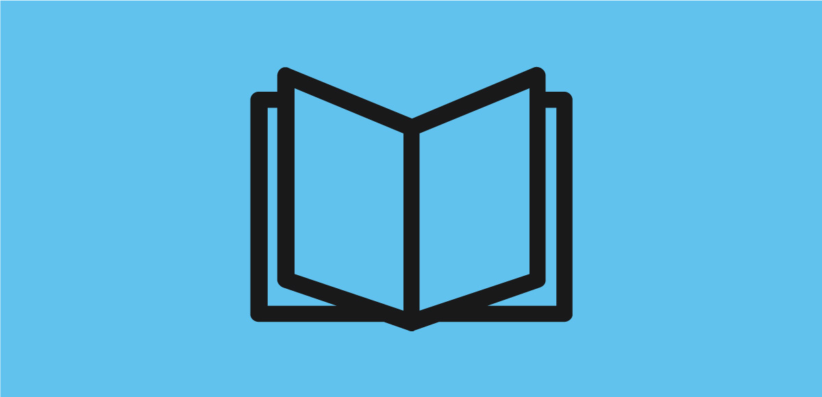 Open book icon in black on sky-blue background.