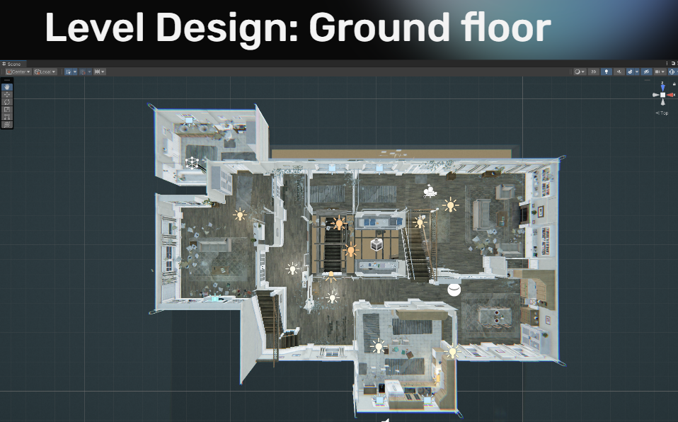 A digital rendering of a top-down floor plan for a "Level Design: Ground floor." The plan shows a multi-room layout of a house, with furniture, stairs, and glowing lightbulb icons indicating the placement of lighting. The image is shown within a game development or architectural software interface, with a grid background.
