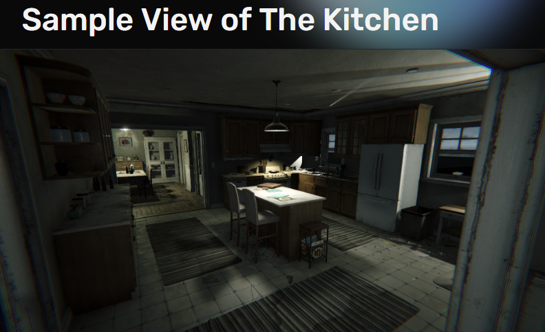 A digitally rendered image of a dimly lit kitchen with the text "Sample View of The Kitchen" at the top. The kitchen has wooden cabinets, a large refrigerator, an island with two stools, and tile flooring with striped rugs. A doorway leads to a dining room in the background.