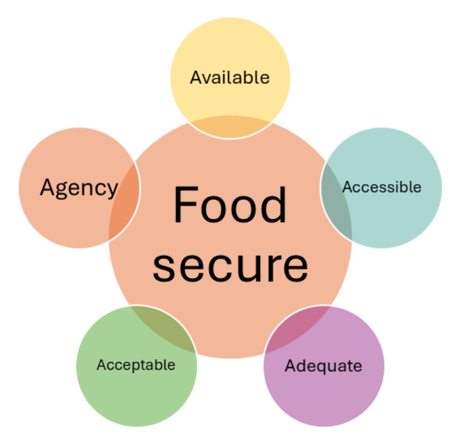 A depiction of the concept of the five As of food security. A large central circle with the text "food secure" is surrounded by five other circles that overlap with it as a Venn-diagram. Each of these smaller circles contains text with one of the five As of food security: available; accessible; adequate; acceptable; agency.