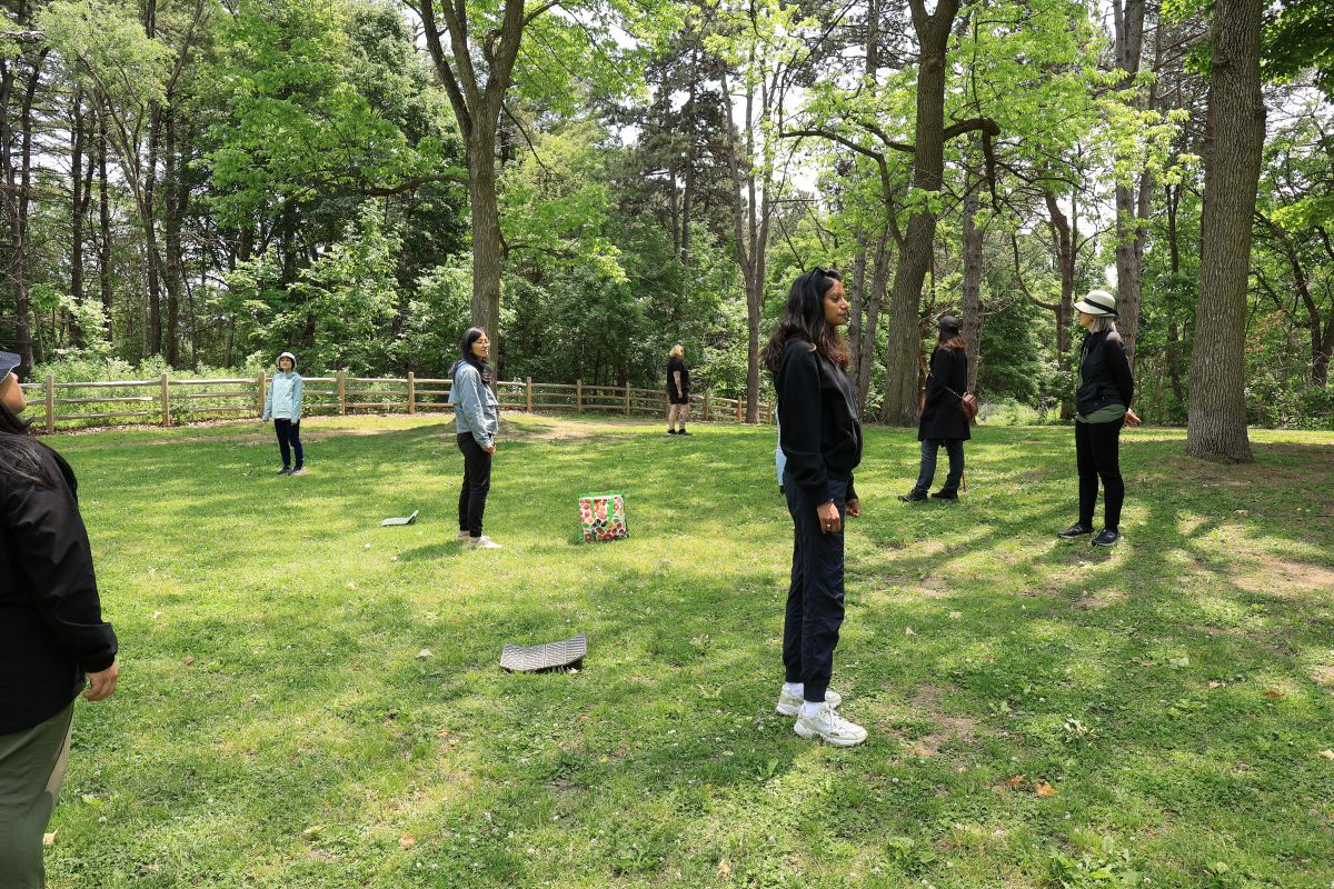 A group of forest bathing participants standing on the ground and activating five senses to enjoy the nature.