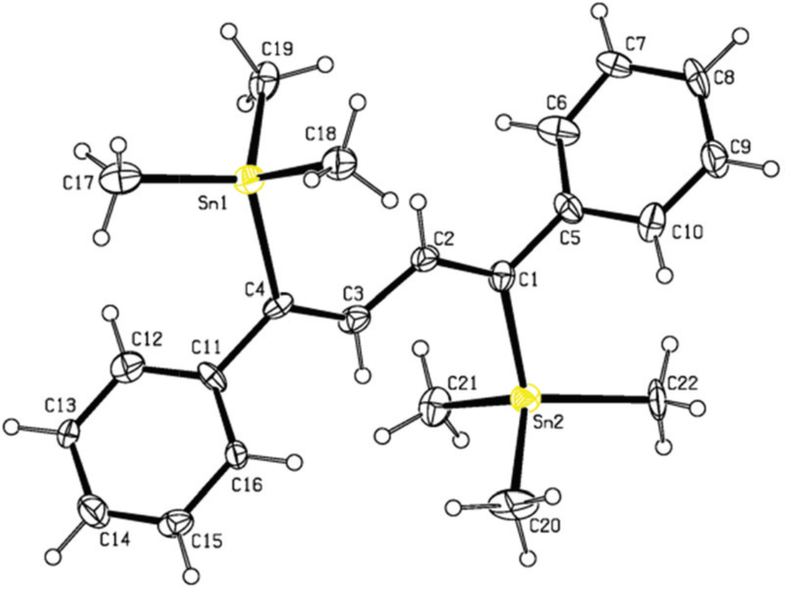Crystal structure of  (Z,Z)-1,4-bis(trimethylstannyl)-1,4-diphenylbuta-1,3-diene 