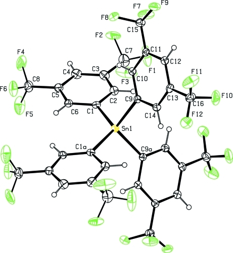 Crystal structure of tetrakis[3,5-bis(trifluoromethyl)phenyl]tin(IV)