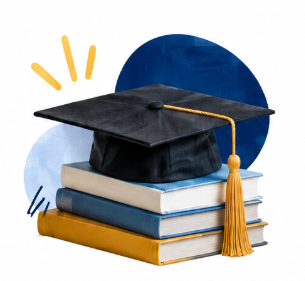 A graduation cap on top of 3 textbooks