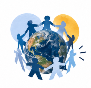 cut out of people surrounding a globe holding hands