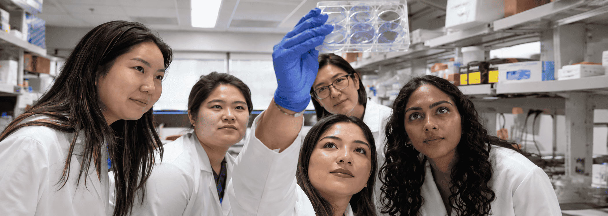 A group of students gathered around a table looking at a a micrscopic slide