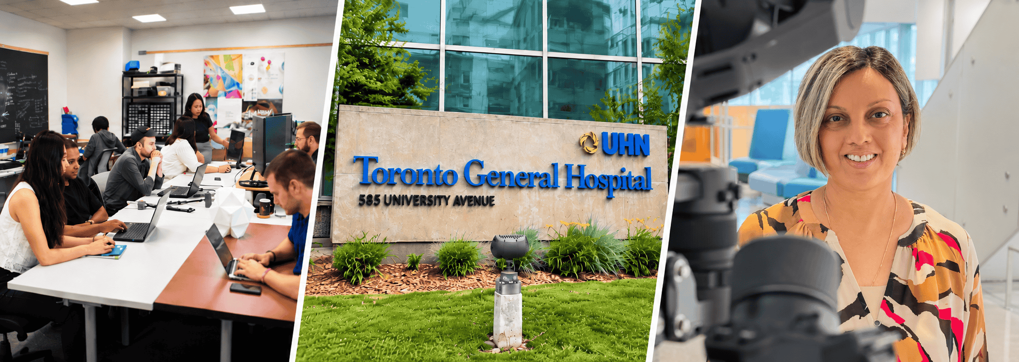 three images combined to make a collage the first is a set of stidents discussing on a table, the middle a sign of the Toronto General Hospital and finally four women sitting at the table 