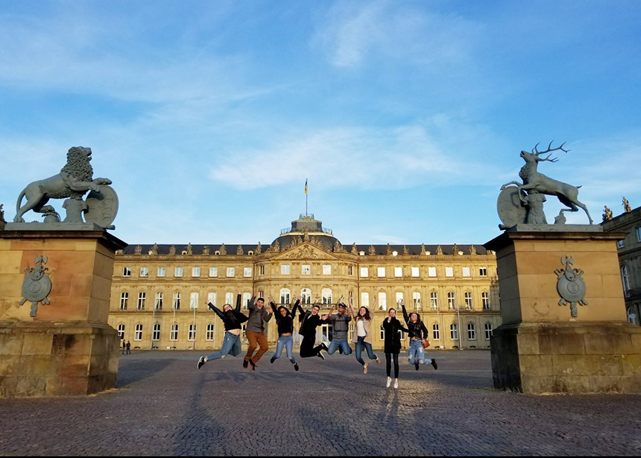 Students outside a historic building in Germany.
