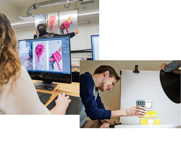 One student photographing packaging designs, another student operating UV printing machine