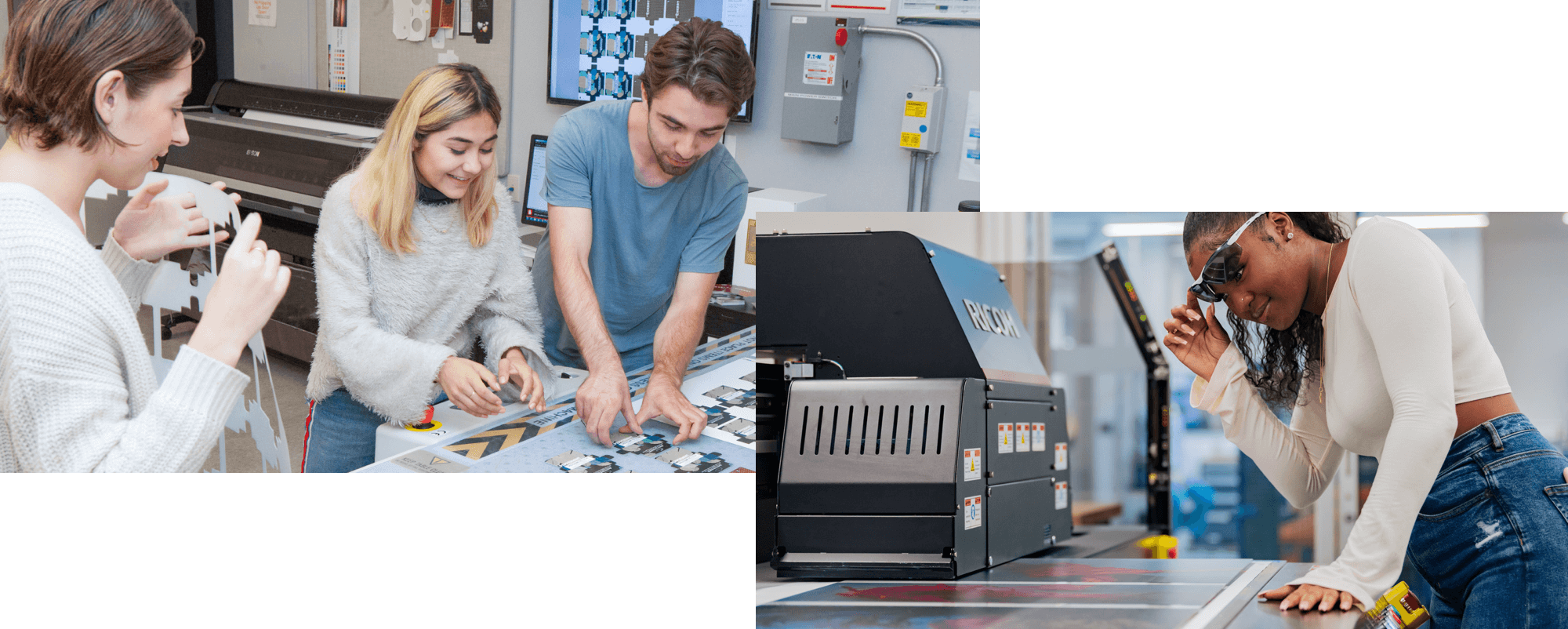 Students operating printing equipment in GCM labs