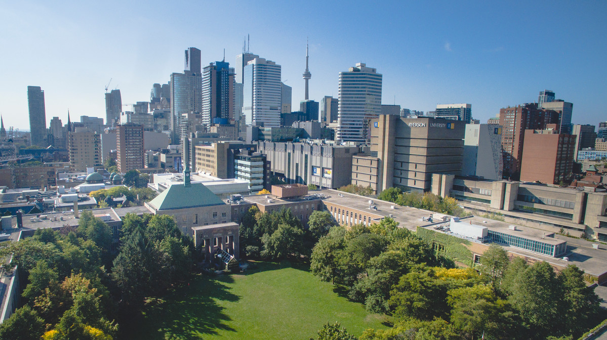 Stock photo with aerial view of Ryerson quad and Toronto skyline