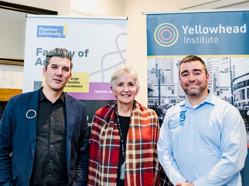 (Left to right) Hayden King, Beausoleil First Nation (Anishinaabe), Executive Director, Yellowhead Institute; Lori Yellowhead; and Bill McRoberts, Hereditary Chief, Reindeer Clan (Anishinaabe)