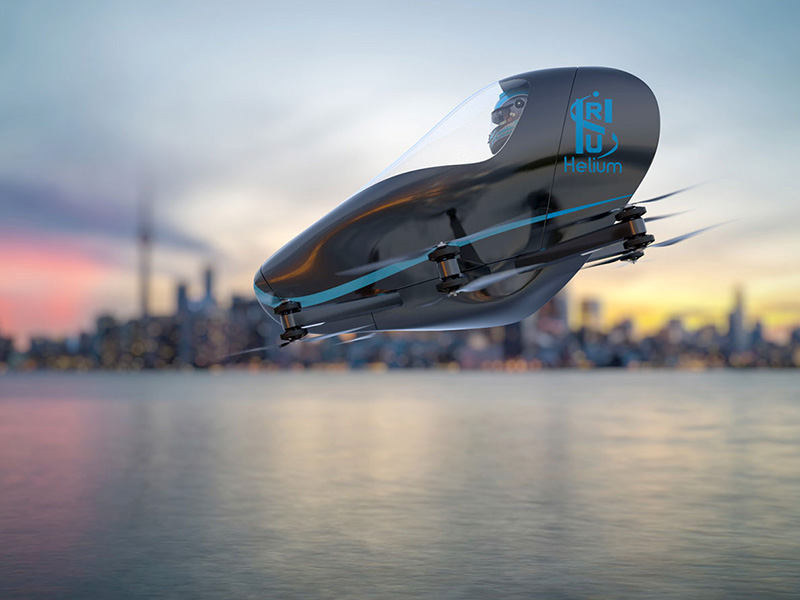 Clockwise from left: Helium’s rendering of vertical take-off and landing (VTOL) aircraft, Helium team, Genecis Bioindustries team.