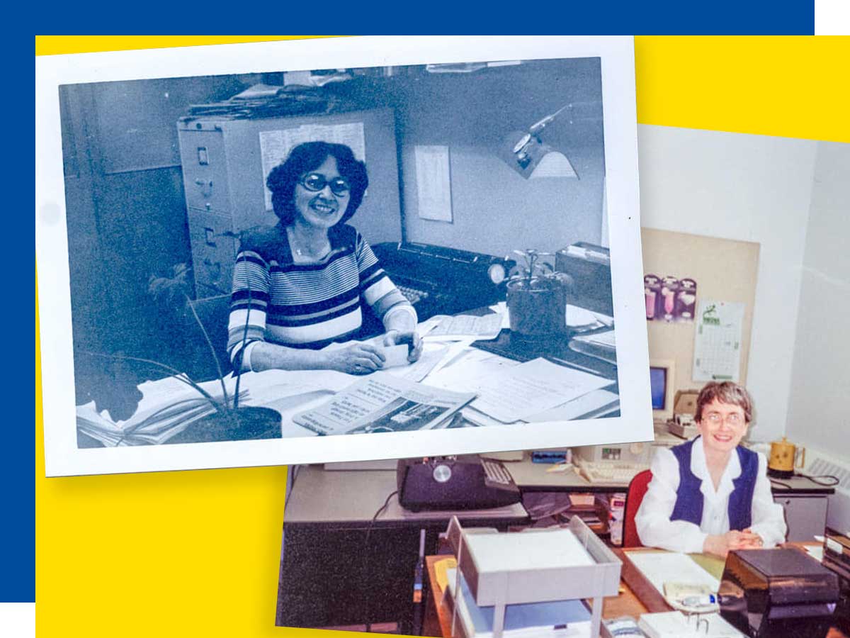 Audrey Bowes smiles from behind her desk in two separate photos taken many years apart.