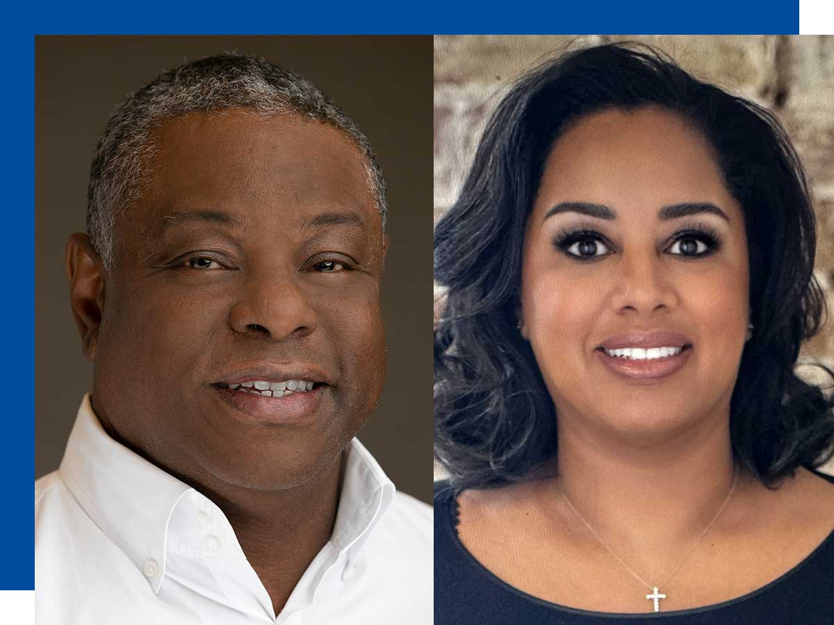 Headshots of a man and woman smiling into the camera. 