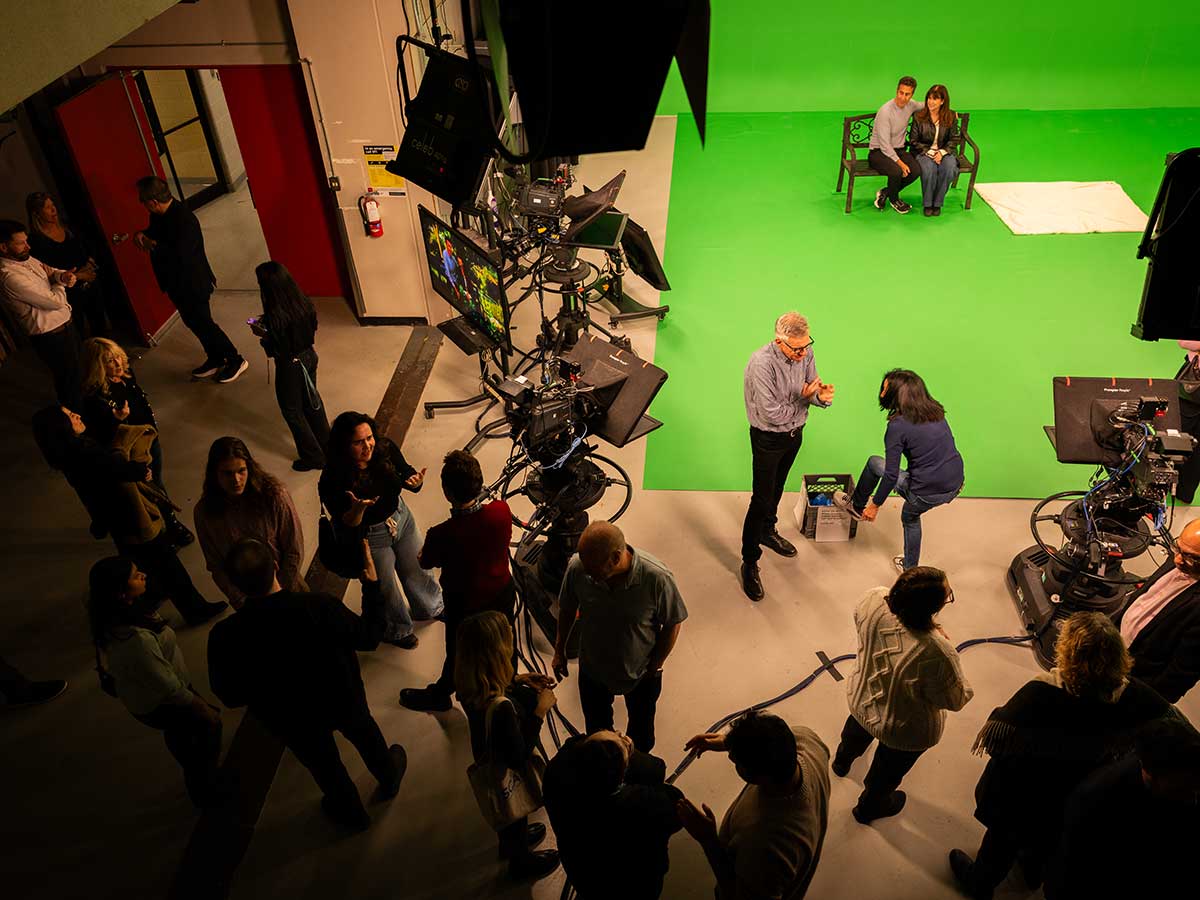 Aerial view of the Arthur Smith Virtual Production Studio equipped with green screen and the latest film and television technology.