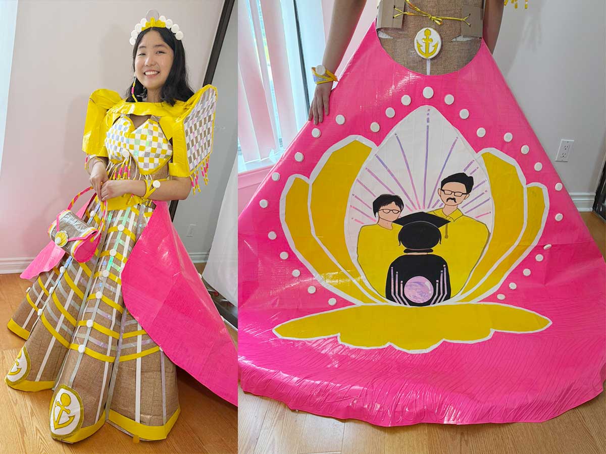 Front and back of a young woman wearing a colourful dress crafted from duct tape
